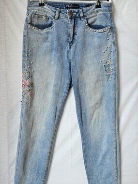 FDJ French Dressing Olivia Embroidered Pearl Accent Slim Jeans Size 6
